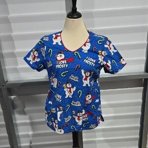 Blue Frosty the‎ Snowman Scrub Top Size Medium